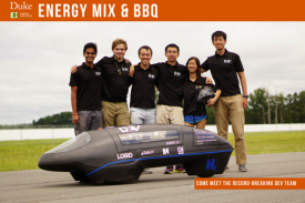 Members of the Duke Electric Vehicles team stand near their hydrogen fuel cell car
